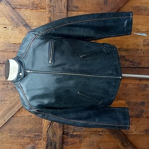 Gene Meyer Rugged Black Cafe Racer Moto Leather Jacket